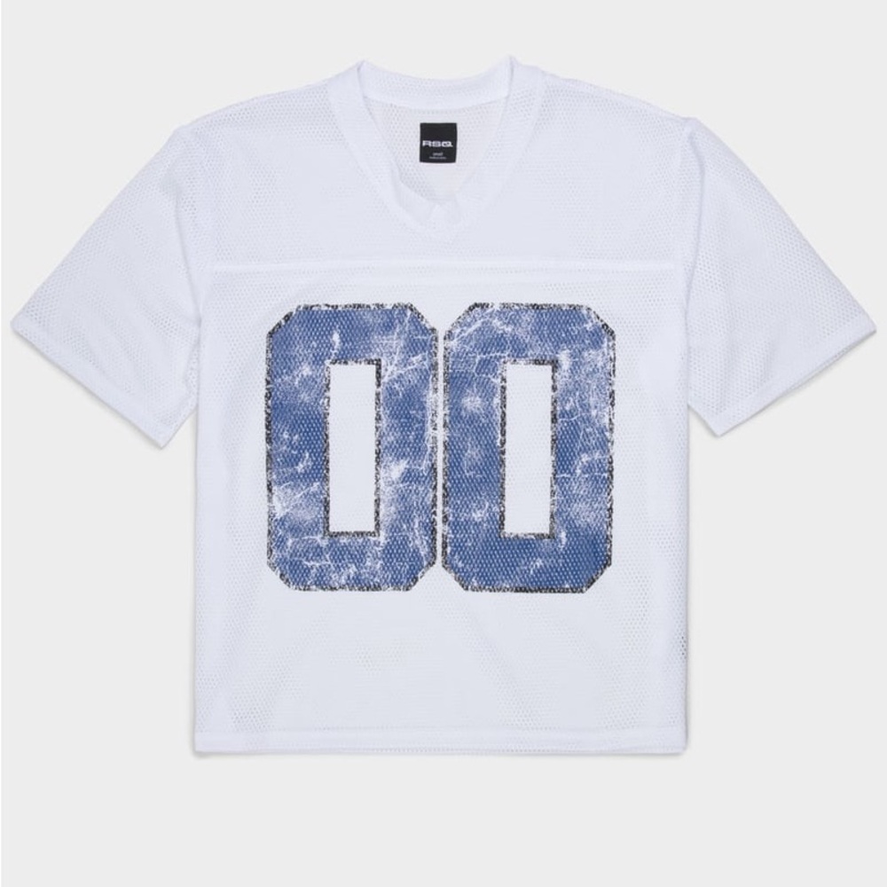 White Mesh Jersey with Blue Graphic